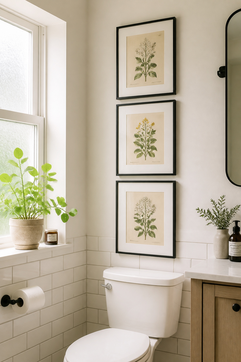 Vintage botanical prints in matching thin black frames bring biophilic calm to a clean white bathroom — one of the most effective and evidence-backed bathroom art ideas available.