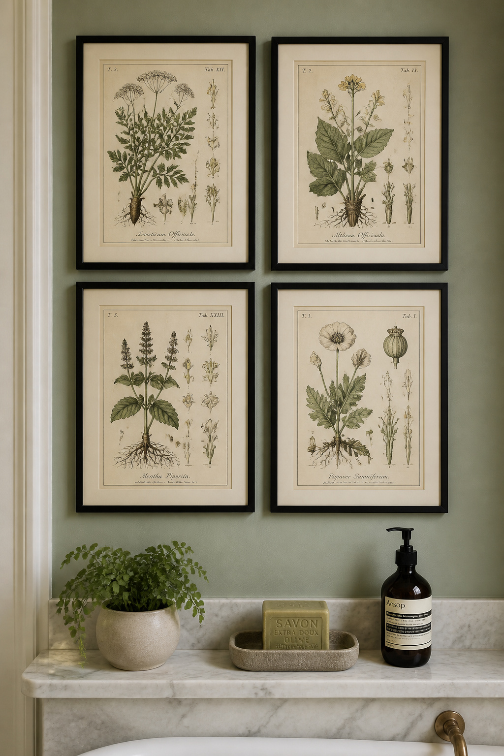 Vintage botanical engravings in matched frames bring an apothecary-meets-collector aesthetic to the bathroom wall — the 18th-century naturalist illustration tradition connecting naturally with modern wellness design.