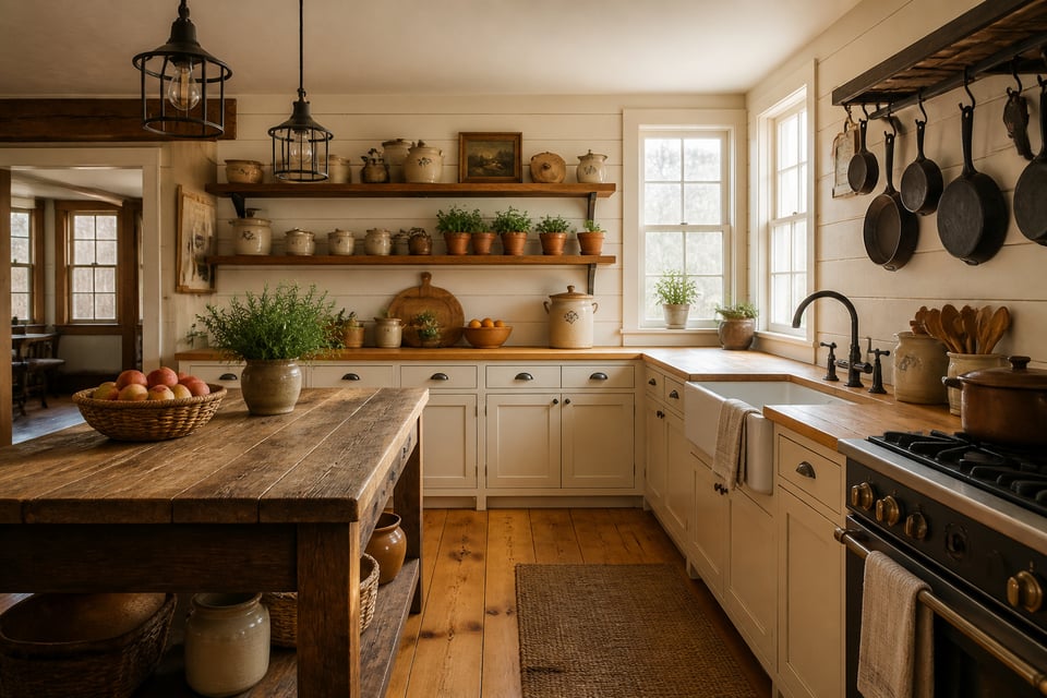 A complete farmhouse kitchen featuring shiplap walls, apron-front sink, open wood shelving, and reclaimed materials — the full picture of authentic farmhouse kitchen decoration done right.