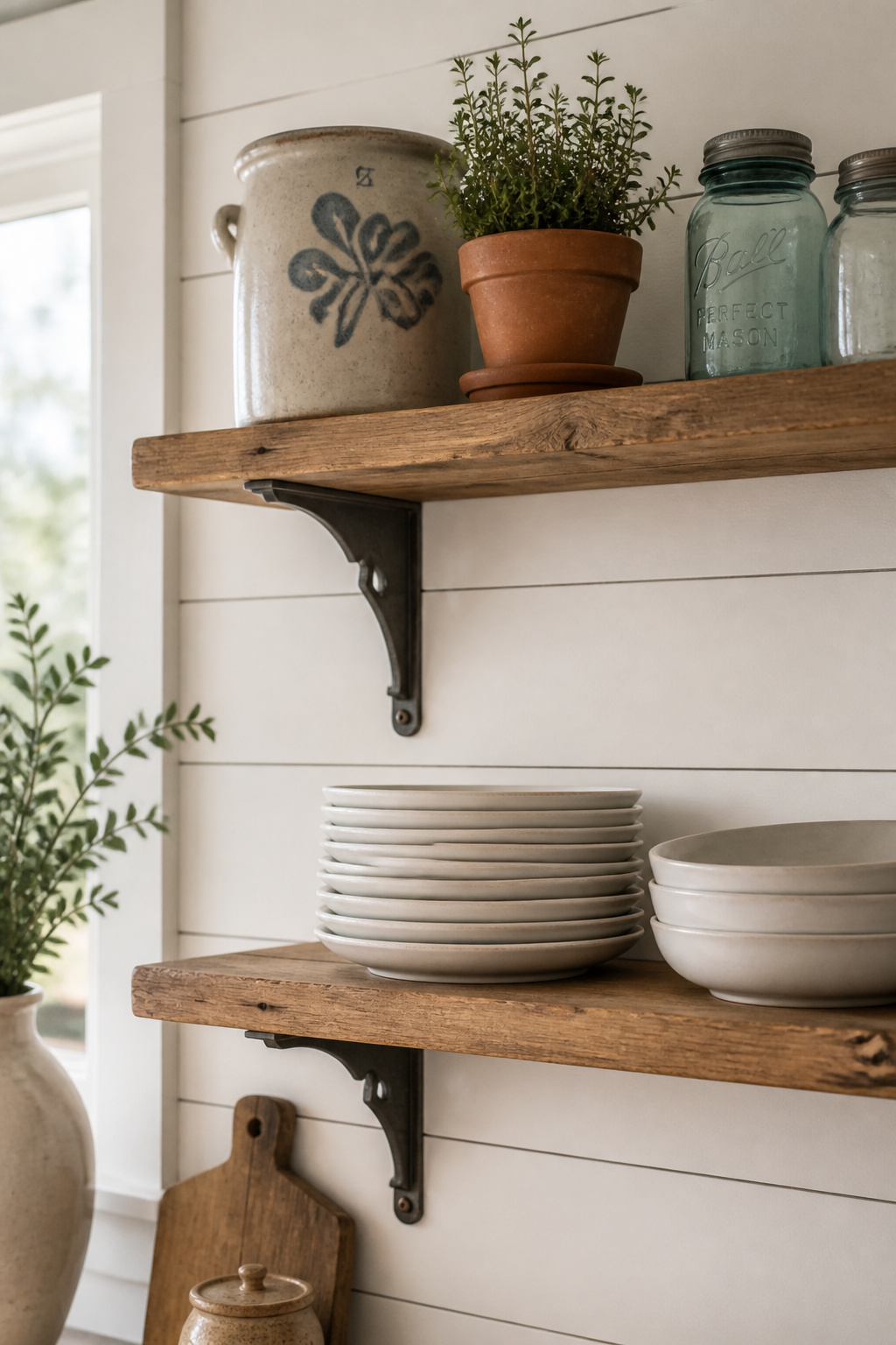 Horizontal shiplap boards in warm off-white create a structural backdrop for open oak shelving — the farmhouse wall built from structure up, not stuck on afterward.