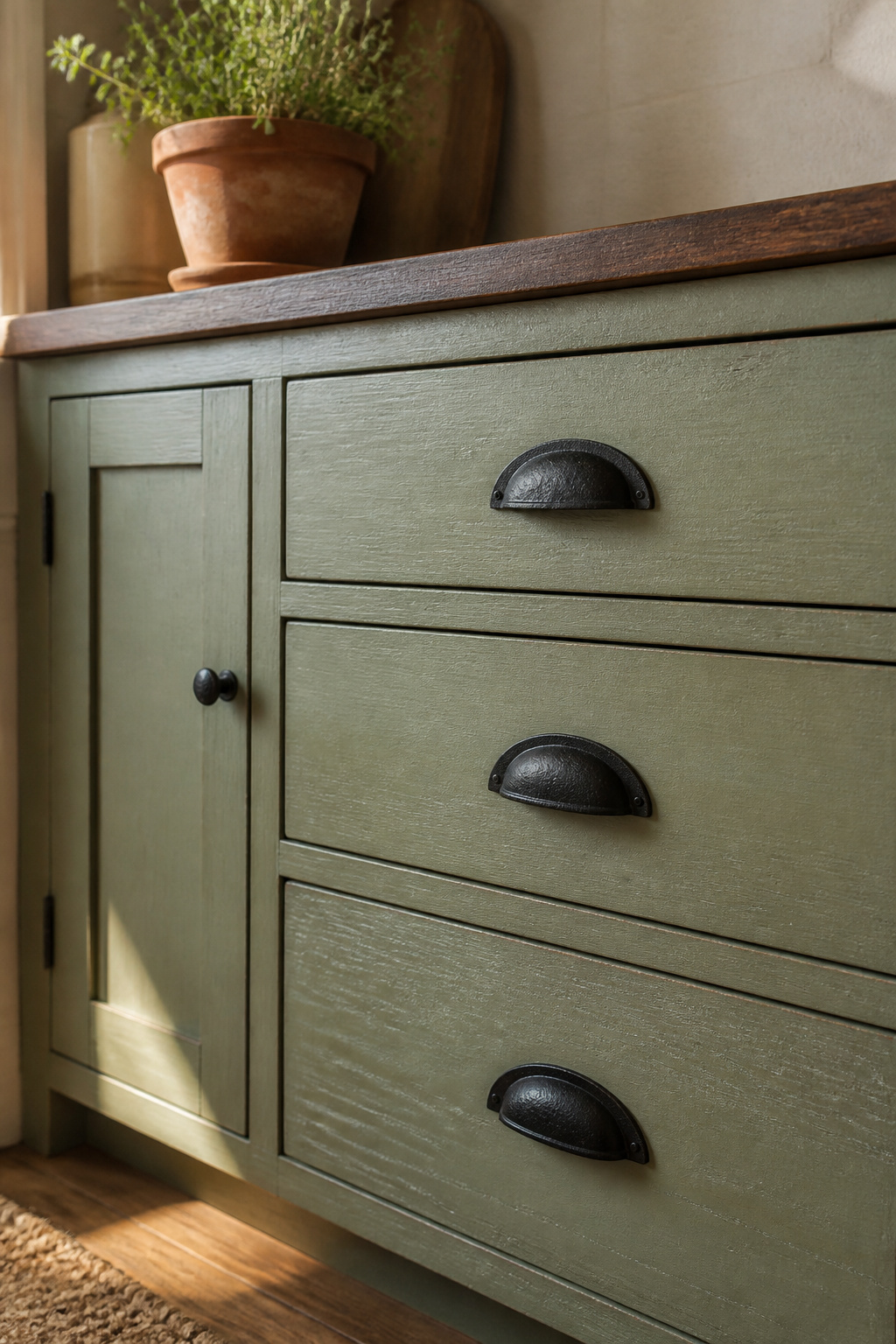 Sage-painted Shaker cabinet doors with matte black bin pull hardware — the single most cost-effective farmhouse kitchen decoration upgrade with genuine historical grounding.