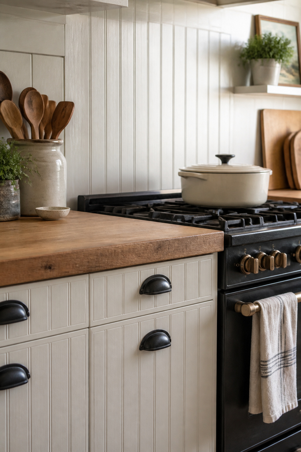 Painted beadboard on lower cabinet fronts with iron cup pulls — a 19th-century utility finish that earns its place in farmhouse kitchen decoration on historical grounds.