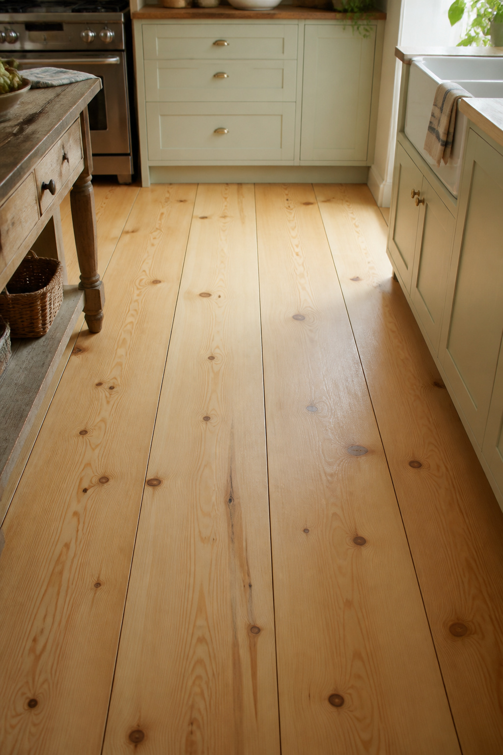 Wide-plank Eastern White Pine at 10–12 inches wide — the plank width that reads as farmhouse rather than modern strip flooring.