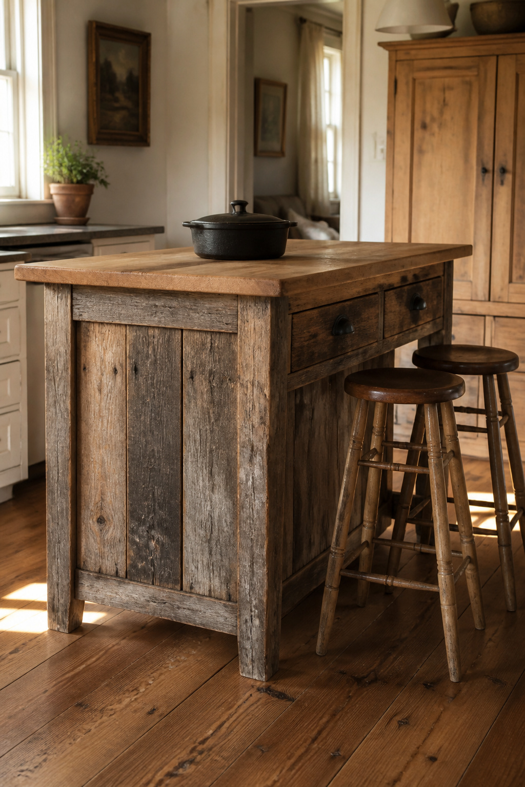 A freestanding reclaimed barn wood island with butcher block top — the visible nail holes carry a history that no new distressed wood can replicate.