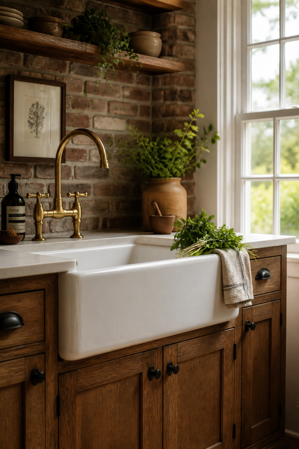A fireclay apron-front sink with aged brass faucet — the anchor feature of farmhouse kitchen decoration with roots in genuine farm kitchen history.