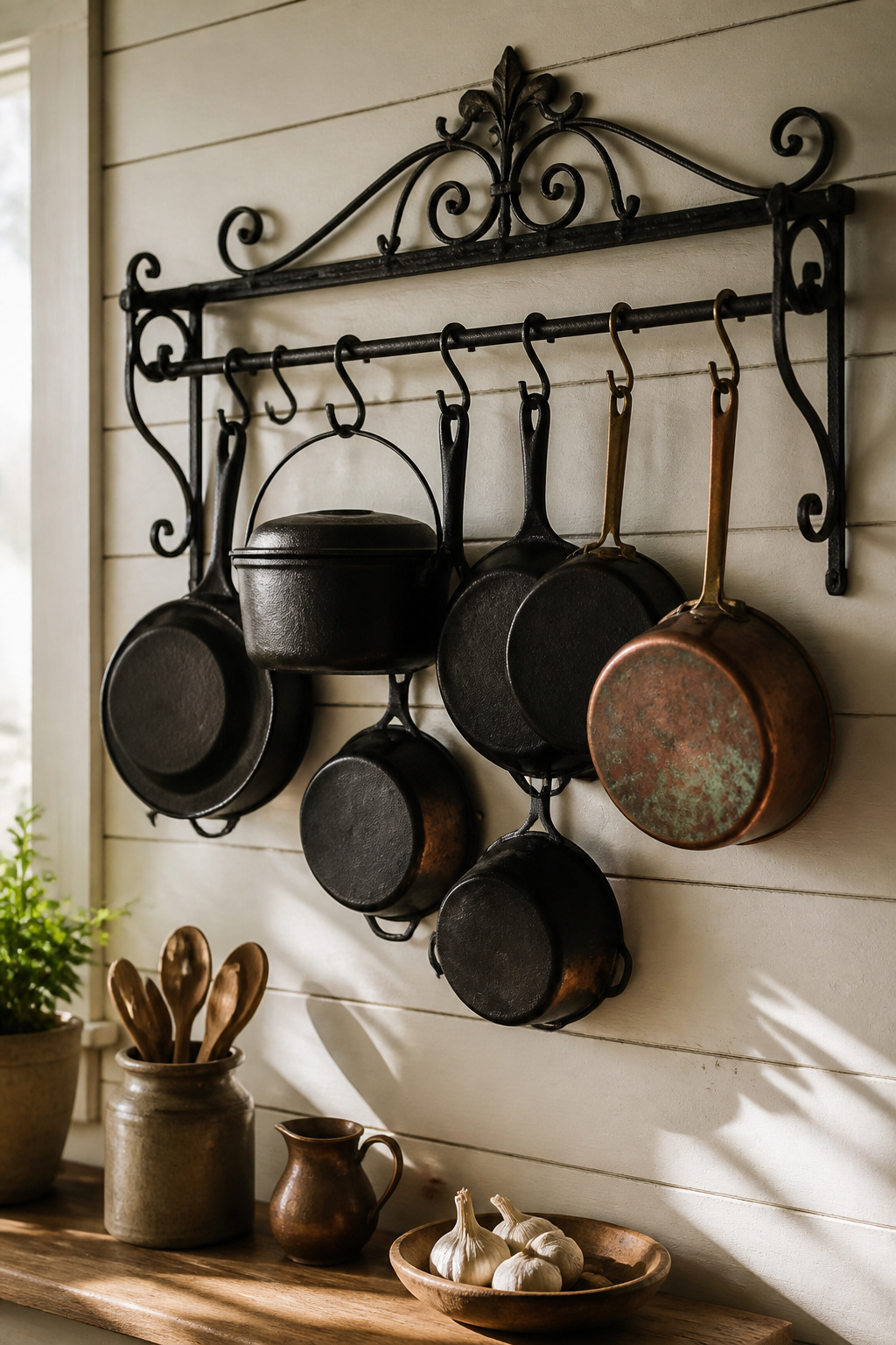 Cast iron skillets and copper pots on iron wall hooks — working tools displayed as they always were in the farmhouse kitchen, before built-in storage made them invisible.