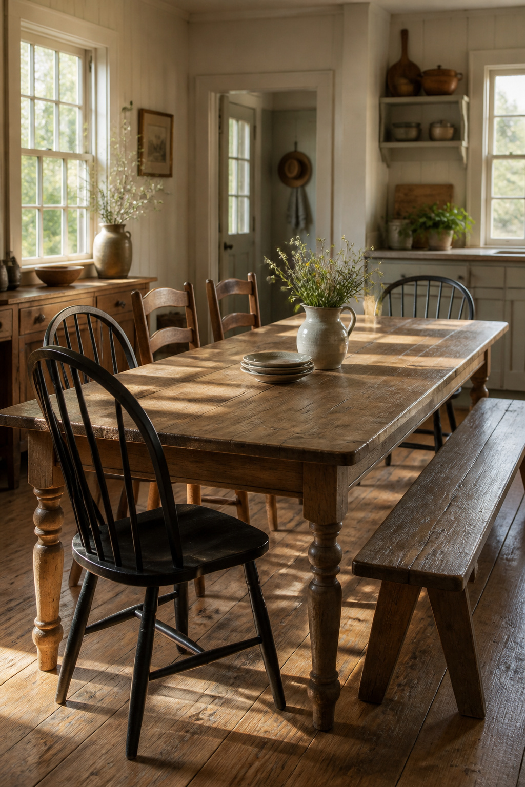 A pine farm table with Windsor chairs, ladder-back chairs, and a bench — farmhouse dining seating accumulated over time, not purchased as a matched set.