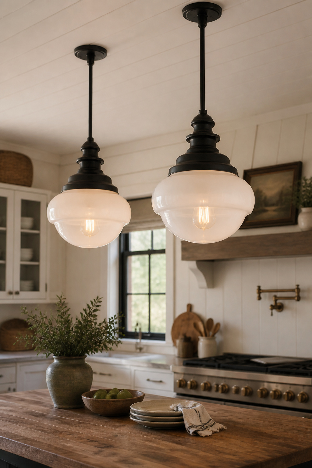 Opal milk glass schoolhouse pendants hung 32 inches above the island — the early 20th-century institutional fixture that found its natural home in farmhouse kitchen decoration.