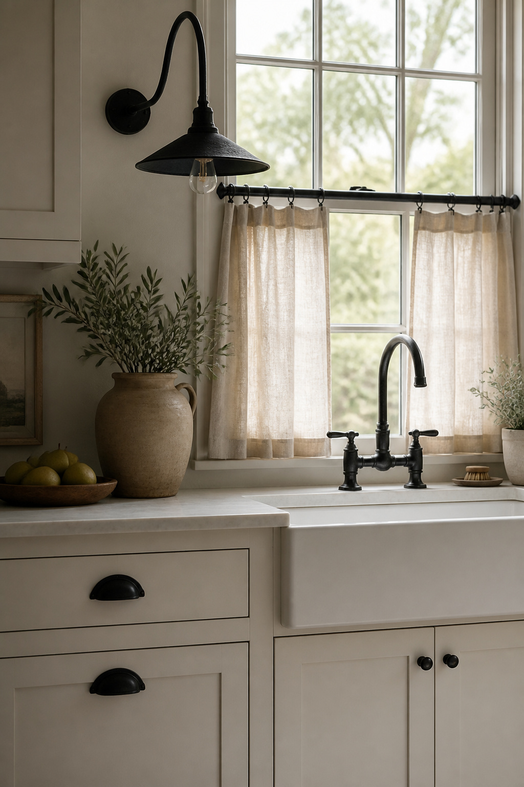 Hand-forged wrought iron across hardware, curtain rods, and light fixtures — when one metal speaks consistently, the farmhouse kitchen becomes coherent.