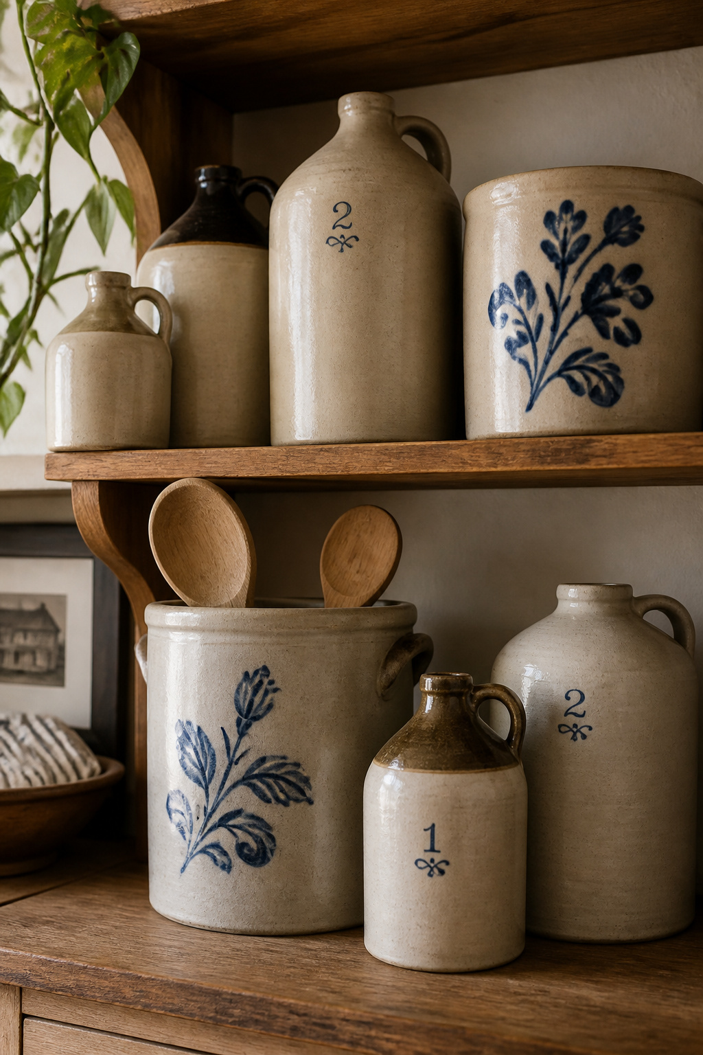 Authentic American stoneware crocks on open shelving — arranged in odd numbers, in active use as utensil holders, doing what they were made to do.