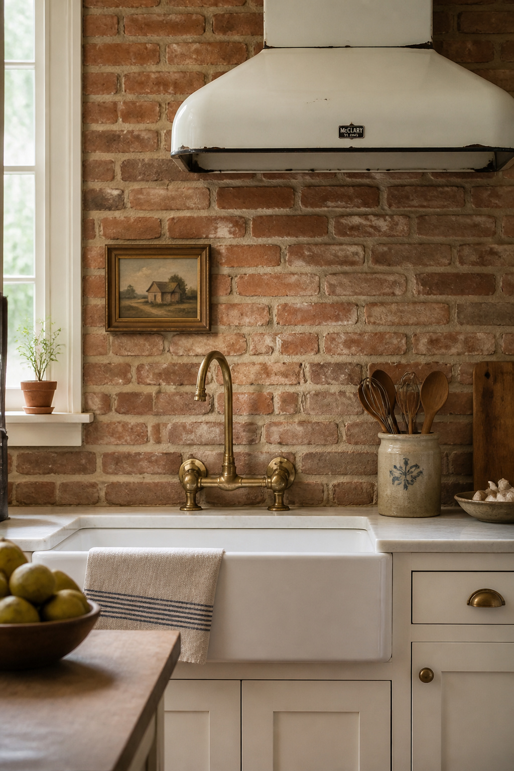 Reclaimed thin brick veneer with buff mortar — a farmhouse kitchen decoration choice with direct roots in the 18th-century American hearth kitchen.
