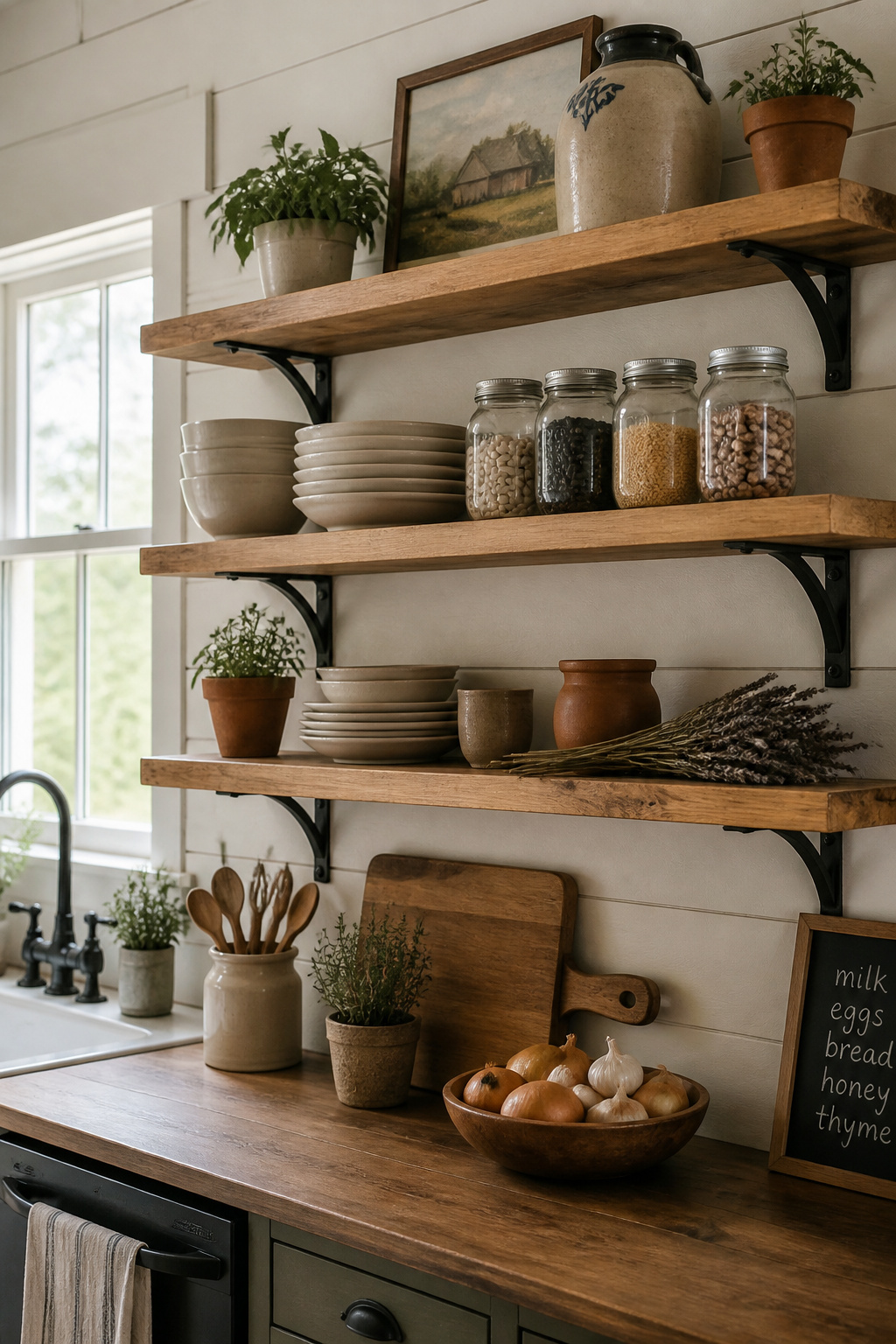 Open oak shelves replace closed upper cabinets, displaying functional kitchen items in the original farmhouse storage tradition.