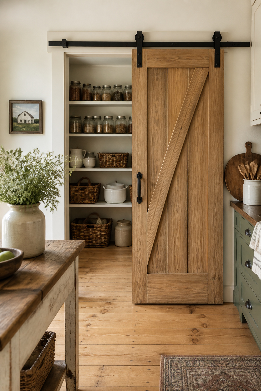 A sliding barn door pantry entrance on iron track hardware — agricultural hardware brought inside, with open shelving holding the working inventory of a farmhouse kitchen.