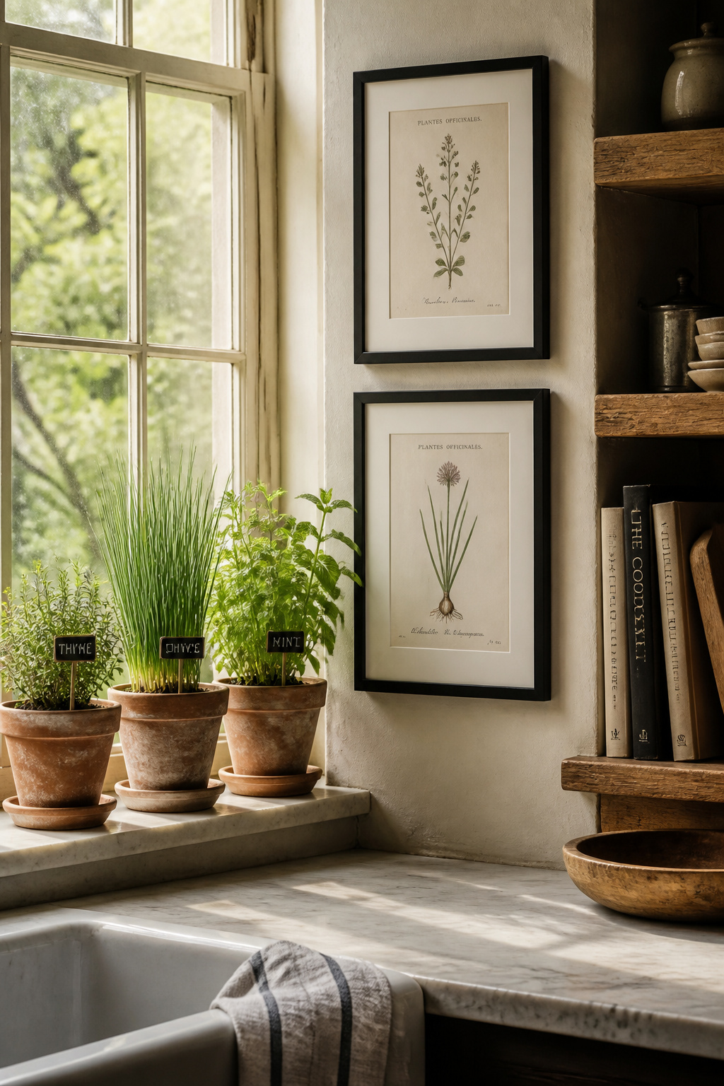 A kitchen window herb garden in terracotta pots alongside period botanical prints — the living connection between farm, kitchen, and food.