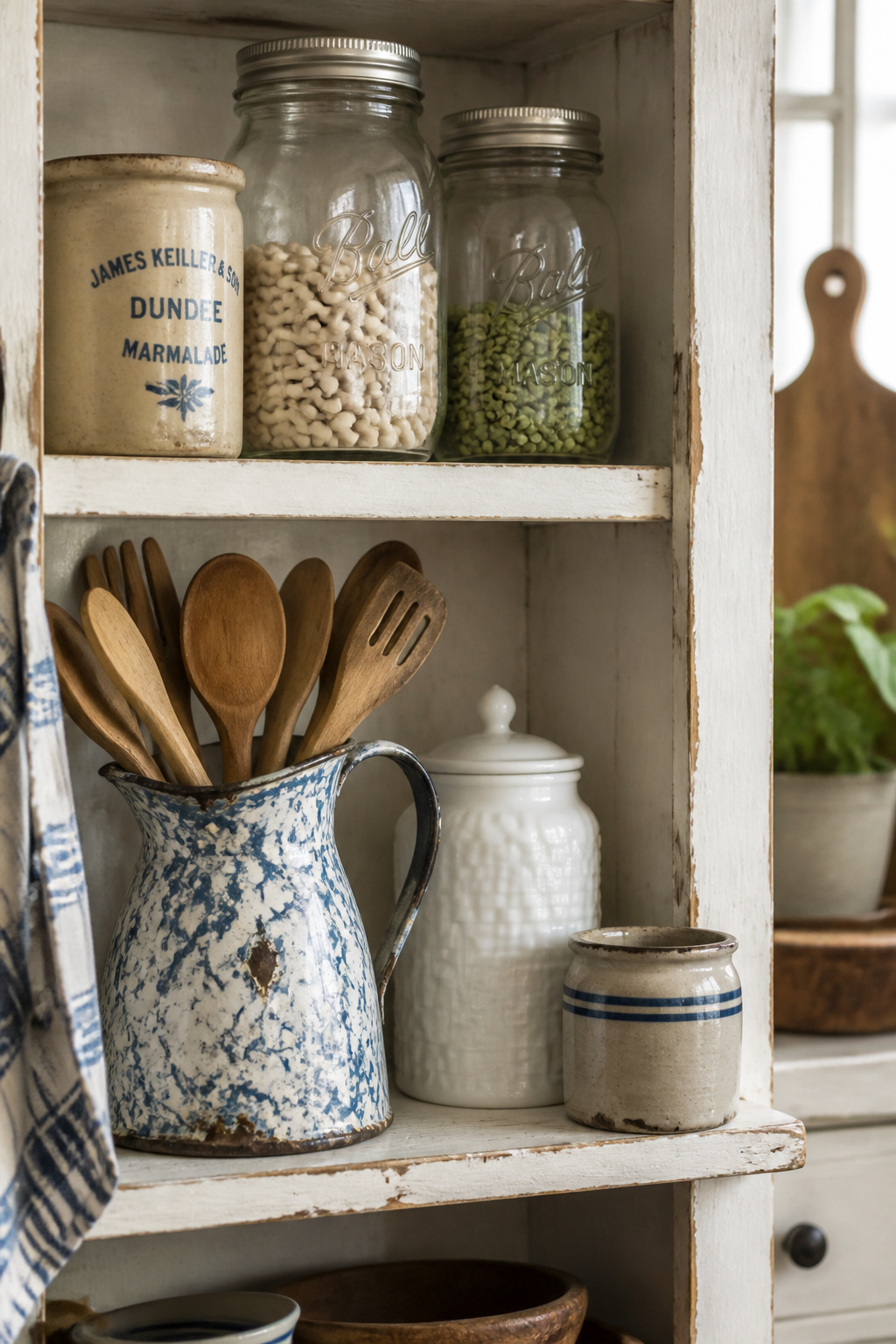 Mason jars, enamelware, and milk glass in active use on open kitchen shelves — working tools from American farmhouse kitchens of the 1850s–1920s.
