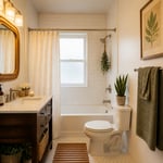 The complete apartment bathroom transformation — warm lighting, botanical art, eucalyptus shower bundle, and a cohesive sage and brass palette — all renter-friendly and reversible.