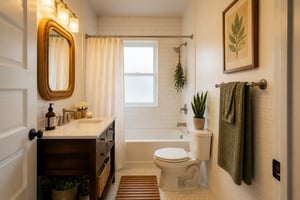 The complete apartment bathroom transformation — warm lighting, botanical art, eucalyptus shower bundle, and a cohesive sage and brass palette — all renter-friendly and reversible.