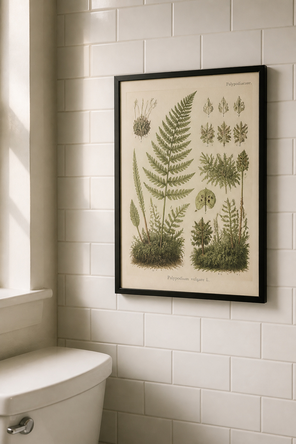 A single oversized botanical print in a matte black frame makes a bare bathroom wall feel deliberately designed.
