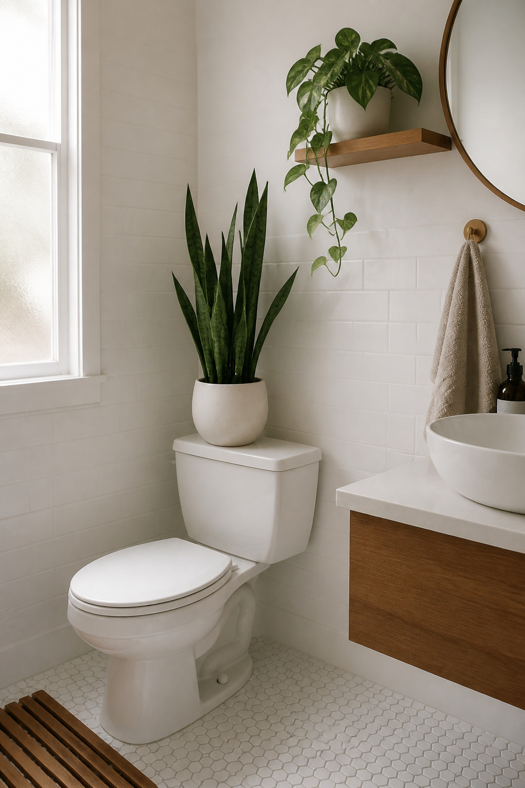A snake plant on the toilet tank and trailing pothos at shelf height add air-purifying greenery without occupying counter space.