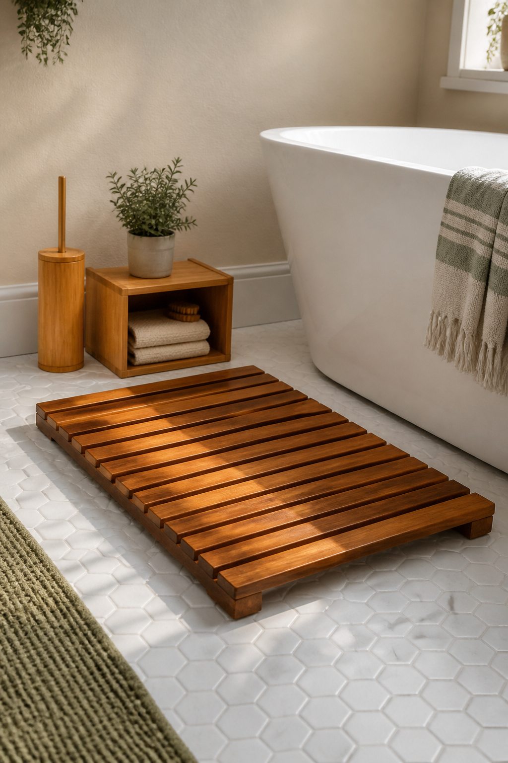 A slatted teak bath mat beside bamboo accessories brings natural material warmth to an otherwise all-ceramic bathroom.