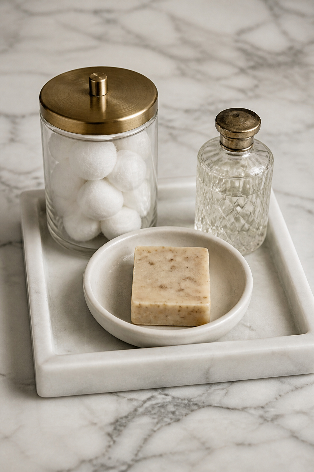 A marble tray with three objects — apothecary jar, soap dish, and glass bottle — turns a chaotic countertop into a styled vignette.