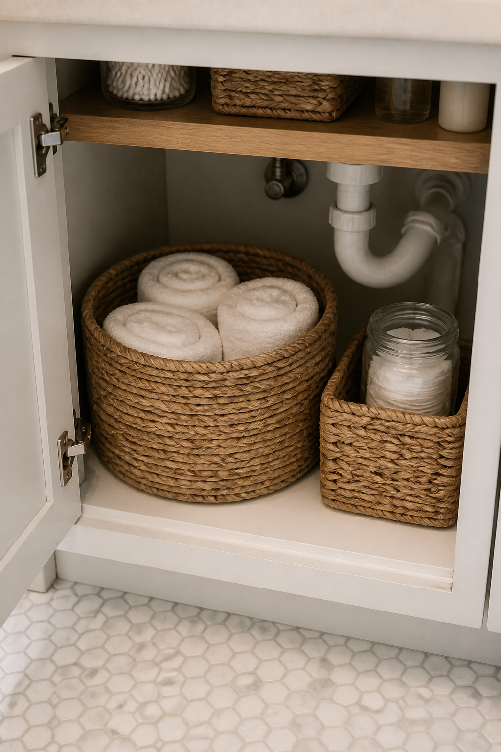 Seagrass baskets under the sink replace visible plastic storage with a natural-fibre alternative that reads as decor.