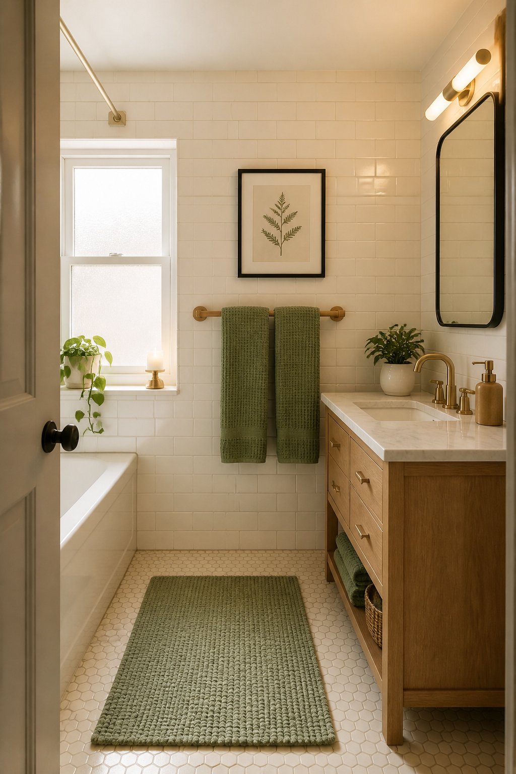 A 70/20/10 colour palette — white tile, sage green textiles, brass accents — turns an unremarkable rental bathroom into a cohesive designed space.