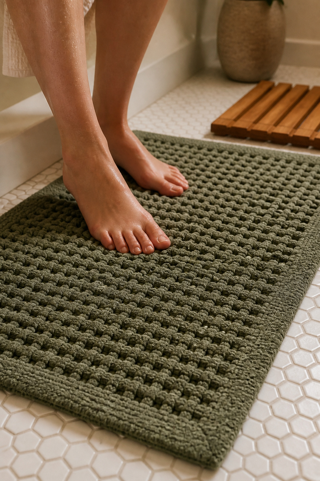 A sage green waffle-weave rug grounds the palette and introduces the first colour decision that everything else in the room will respond to.