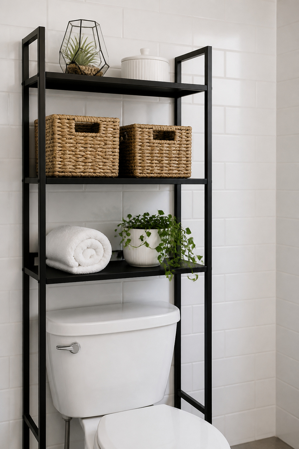 A matte black over-toilet shelving unit with seagrass baskets doubles available storage without occupying floor space.