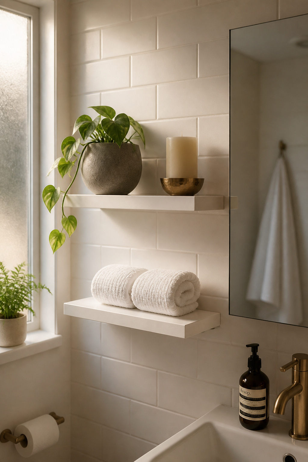 Adhesive floating shelves transform a plain tile wall into a styled display — no drilling required for renters.