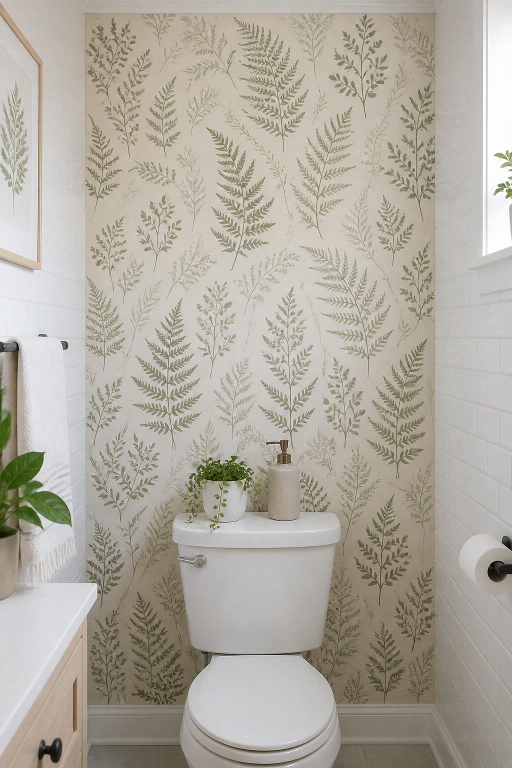 A botanical peel-and-stick accent wall behind the toilet is the highest-impact renter-friendly surface change available.