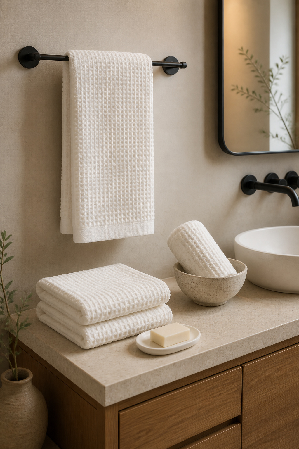 Waffle-weave Turkish cotton towels in hotel fold turn a basic vanity into something that looks deliberately designed.
