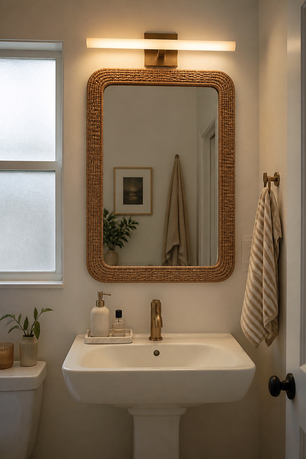 A rattan mirror frame transforms a builder-grade bathroom mirror into a design statement without replacing the glass.