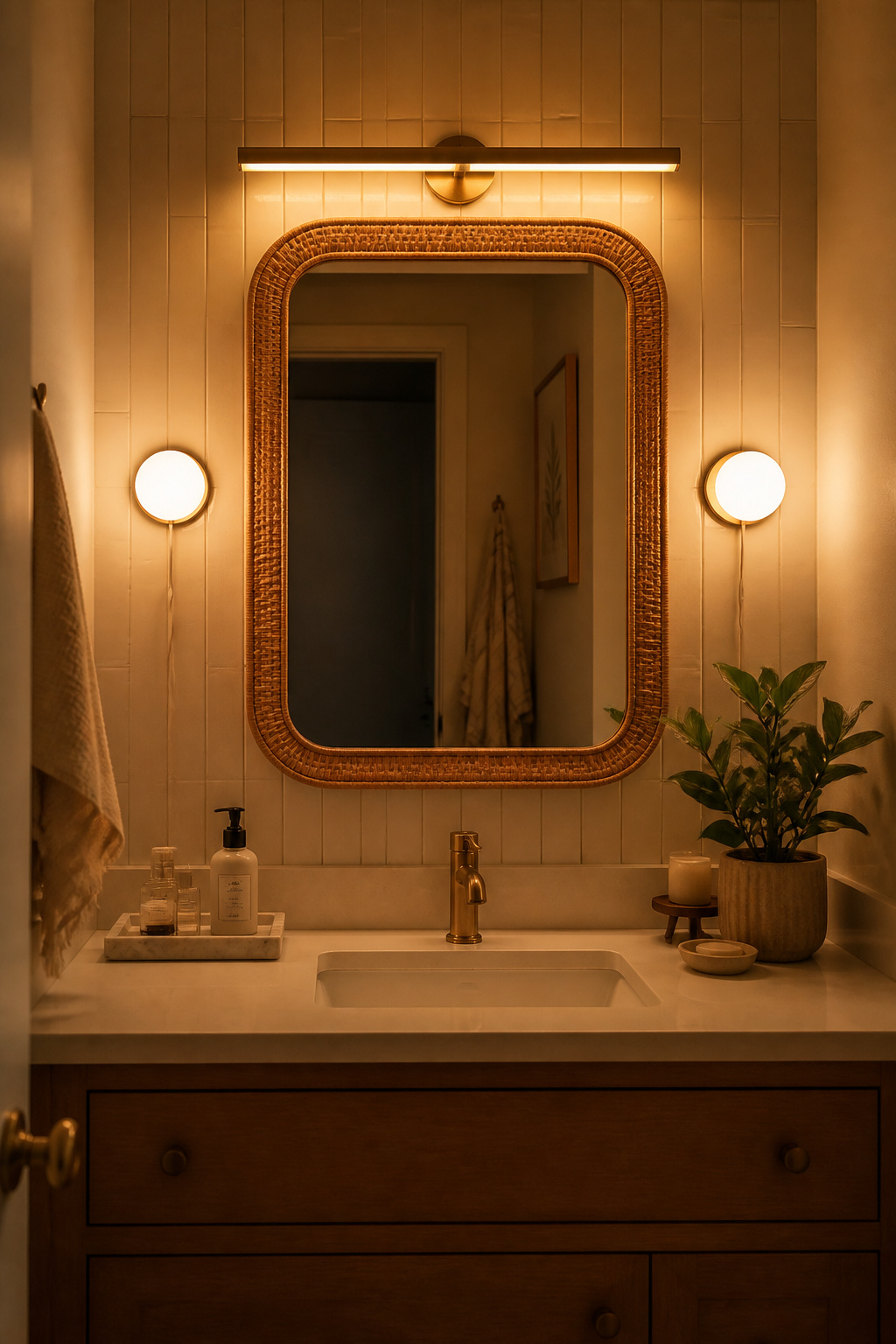 Layered warm vanity lighting at 3000K transforms the bathroom into a genuinely relaxing space for morning and evening routines.