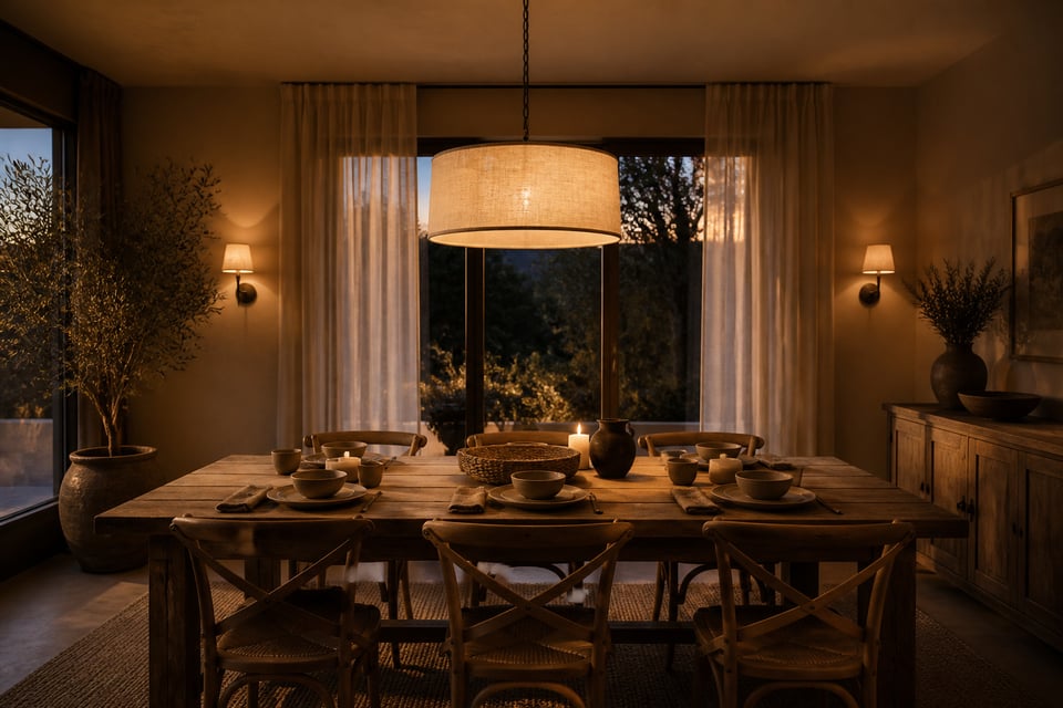 A beautifully layered dining room at dusk, lit by a warm linen pendant and wall sconces, showing how thoughtful dining room lights transform an everyday space into a welcoming retreat.