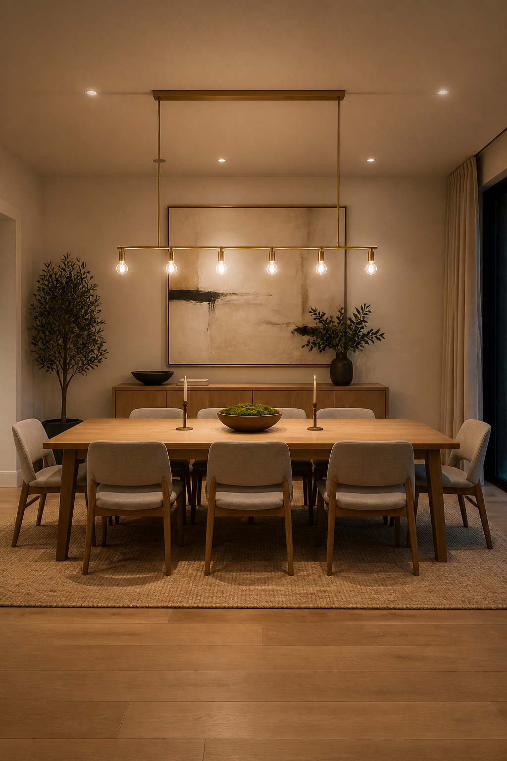 A 48-inch brushed-brass linear pendant distributes warm light evenly across a 72-inch white oak dining table — the two-thirds table-length rule in action, eliminating shadowed table ends.