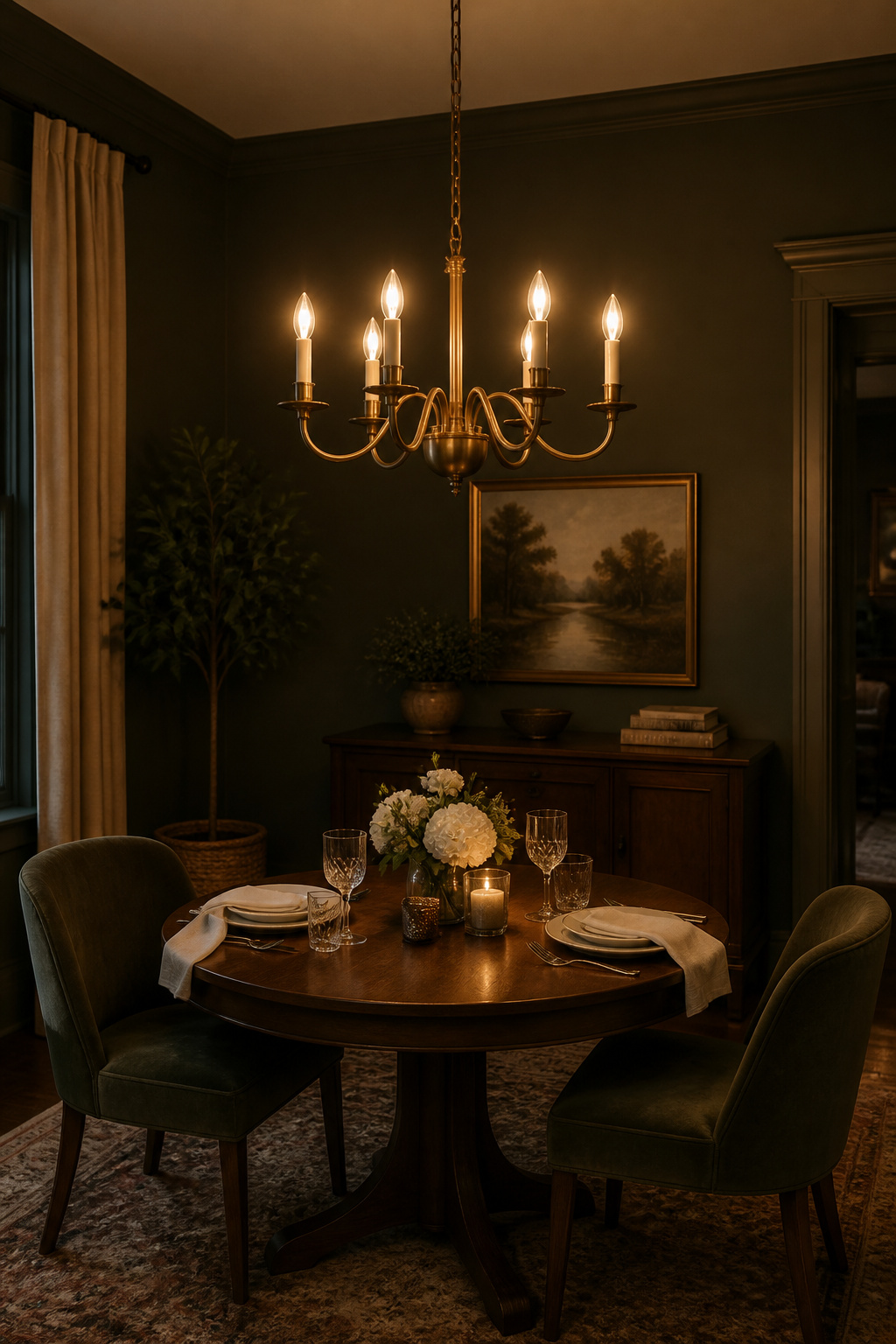 A 6-arm unlacquered brass candlestick chandelier glowing at 2200K above a dark walnut table set for two — the combination of amber filament warmth and dimmer control creates a romantic dining atmosphere that sophisticated restaurants spend considerably more achieving.