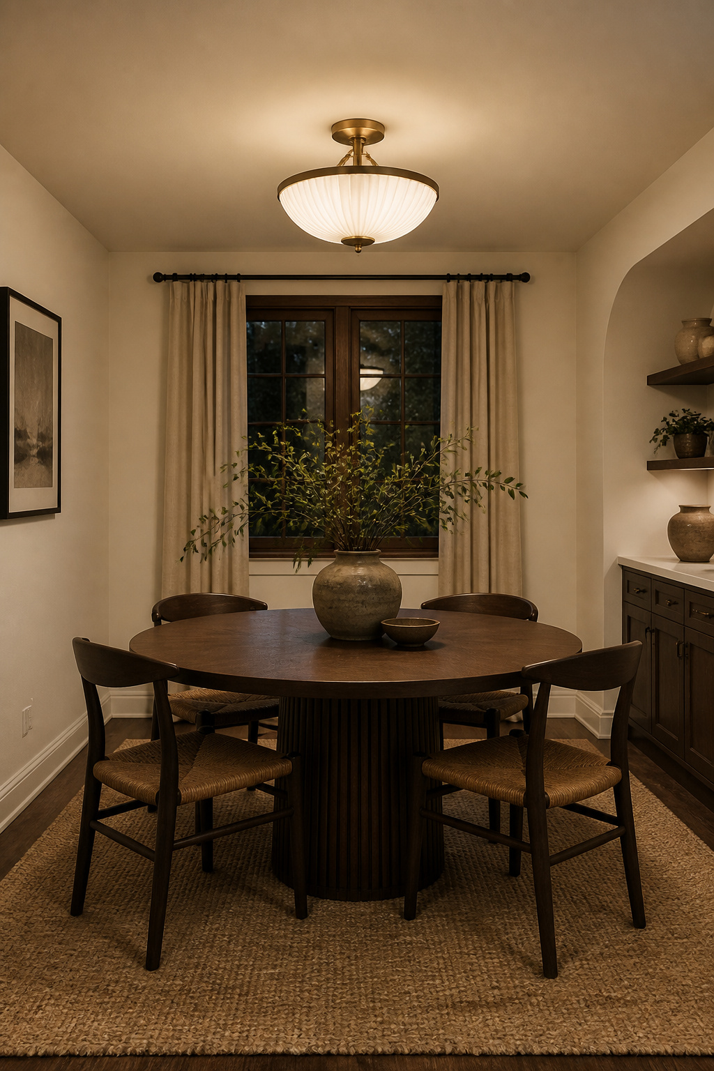 A sculptural aged-brass semi-flush mount with a fluted milk-glass shade proves that 8-foot ceilings are no barrier to beautiful dining room lighting — the 6-inch drop maximises visual presence within the low ceiling constraint.