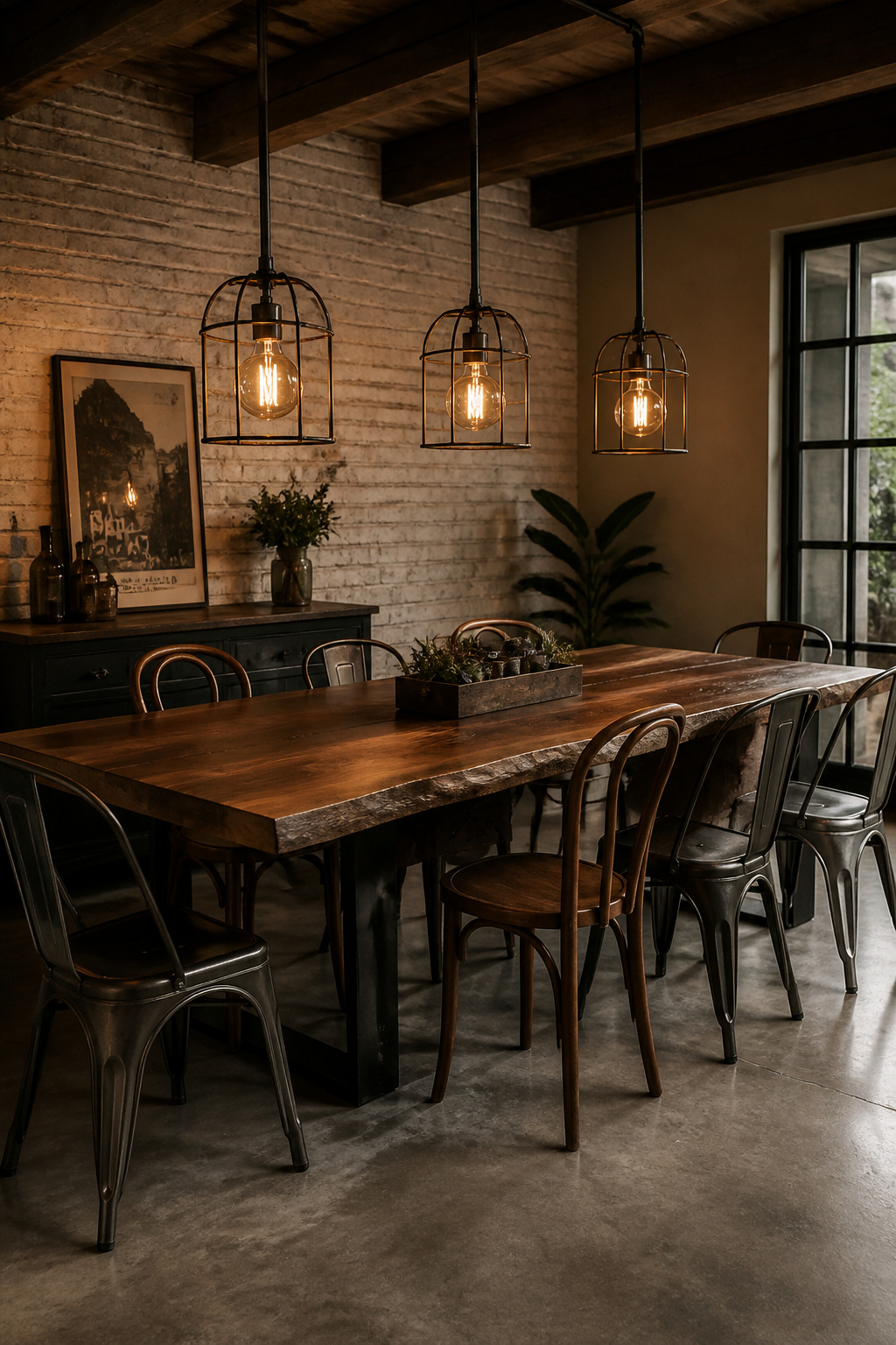 Three raw black iron cage pendants with 2200K Edison filament bulbs above a live-edge walnut dining table — warm amber at 65% dimmer output is the essential ingredient that prevents industrial dining room lights from reading as cold.