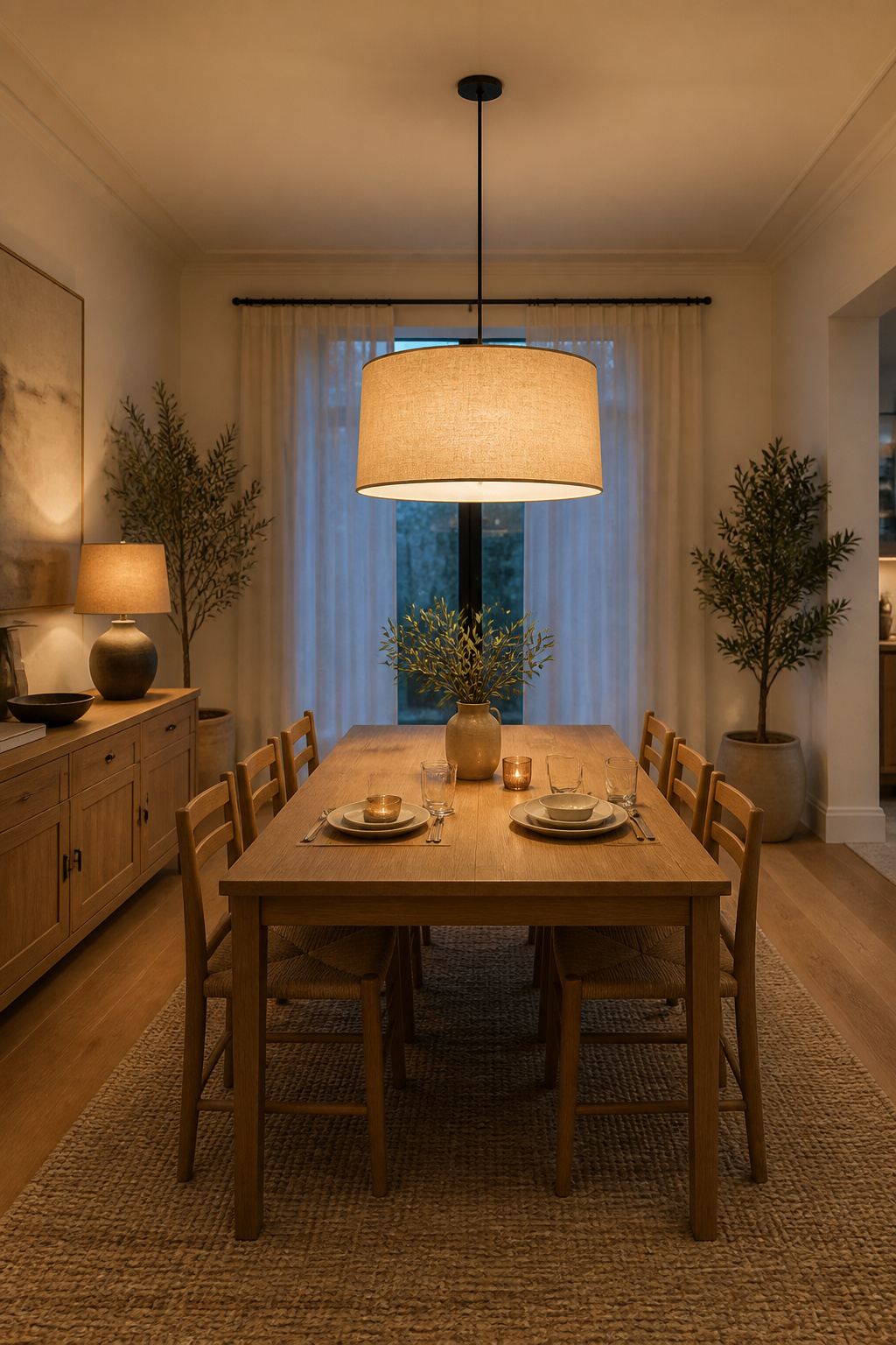 A linen drum shade pendant centred above a white oak dining table creates effortlessly versatile dining room lighting — the cylindrical form works equally well in transitional, Scandinavian, and contemporary dining rooms.