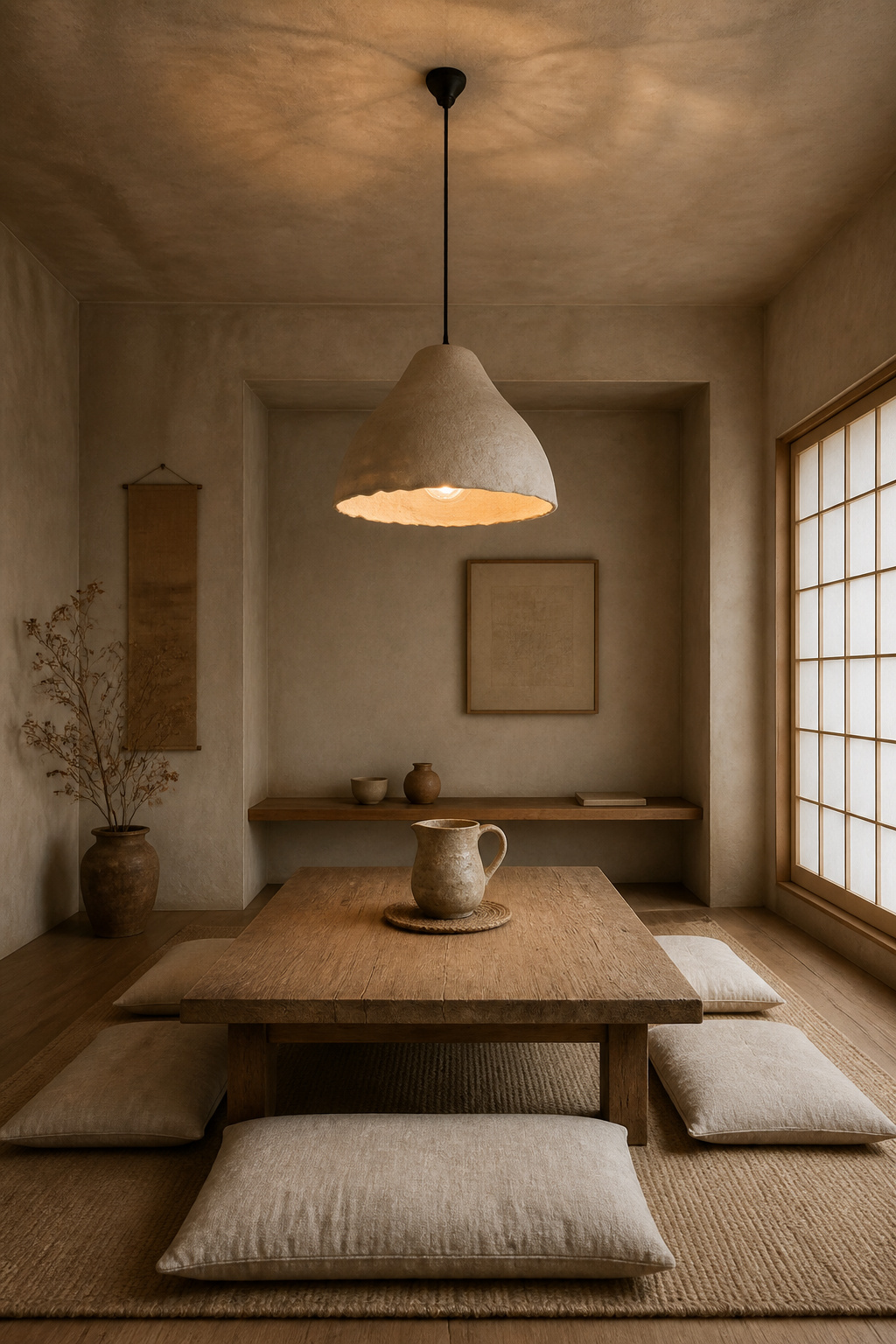 A handmade ceramic pendant shade in matte off-white clay above a hinoki wood dining table embodies wabi-sabi interior design — the irregular contours and organic diffused glow create a dining space that genuinely supports mindful eating.