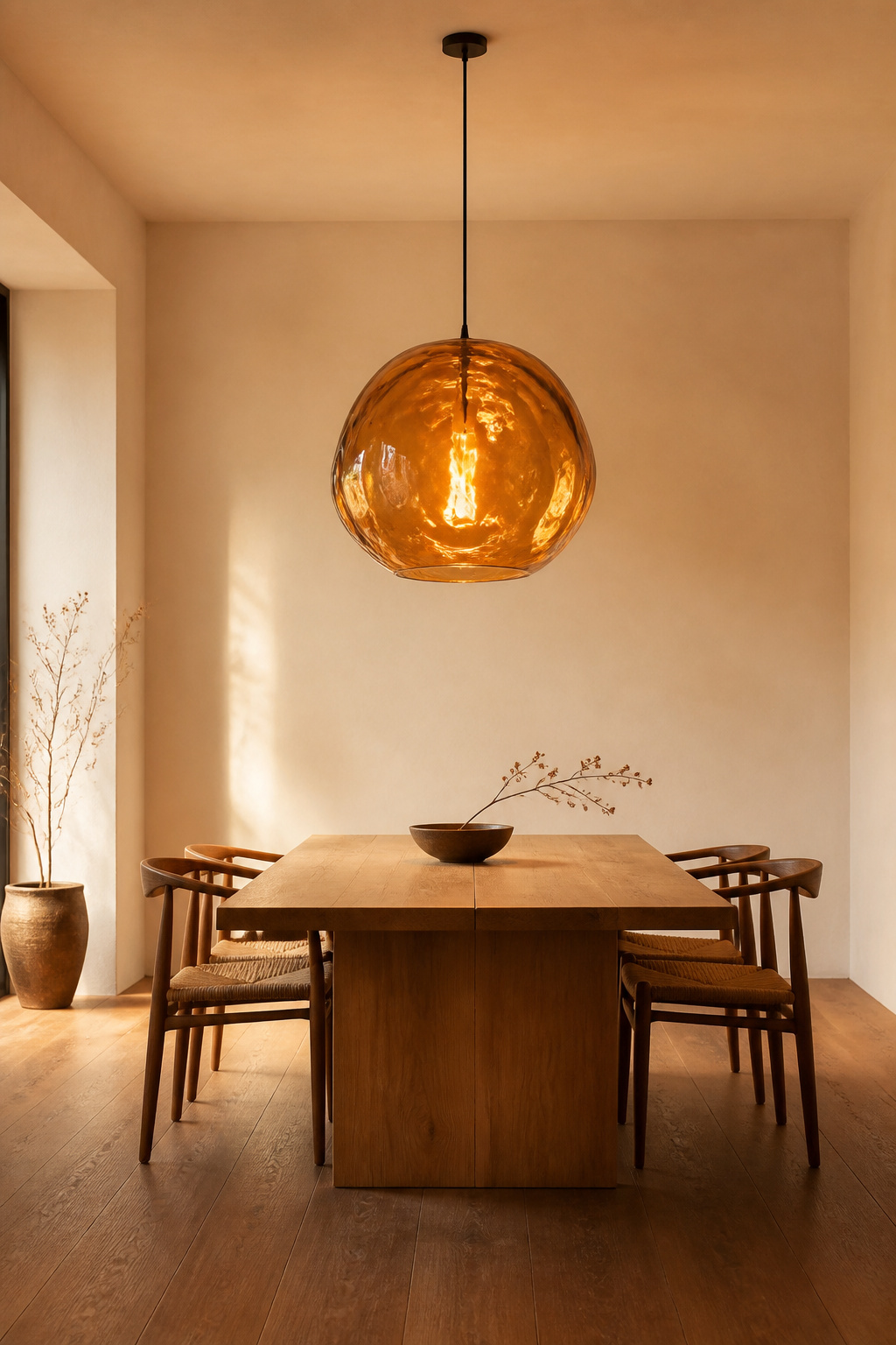 A single hand-blown amber glass sculptural pendant 28 inches across acts as the sole focal point in a Japandi minimal dining room — when the fixture is this considered, no other decoration is needed.