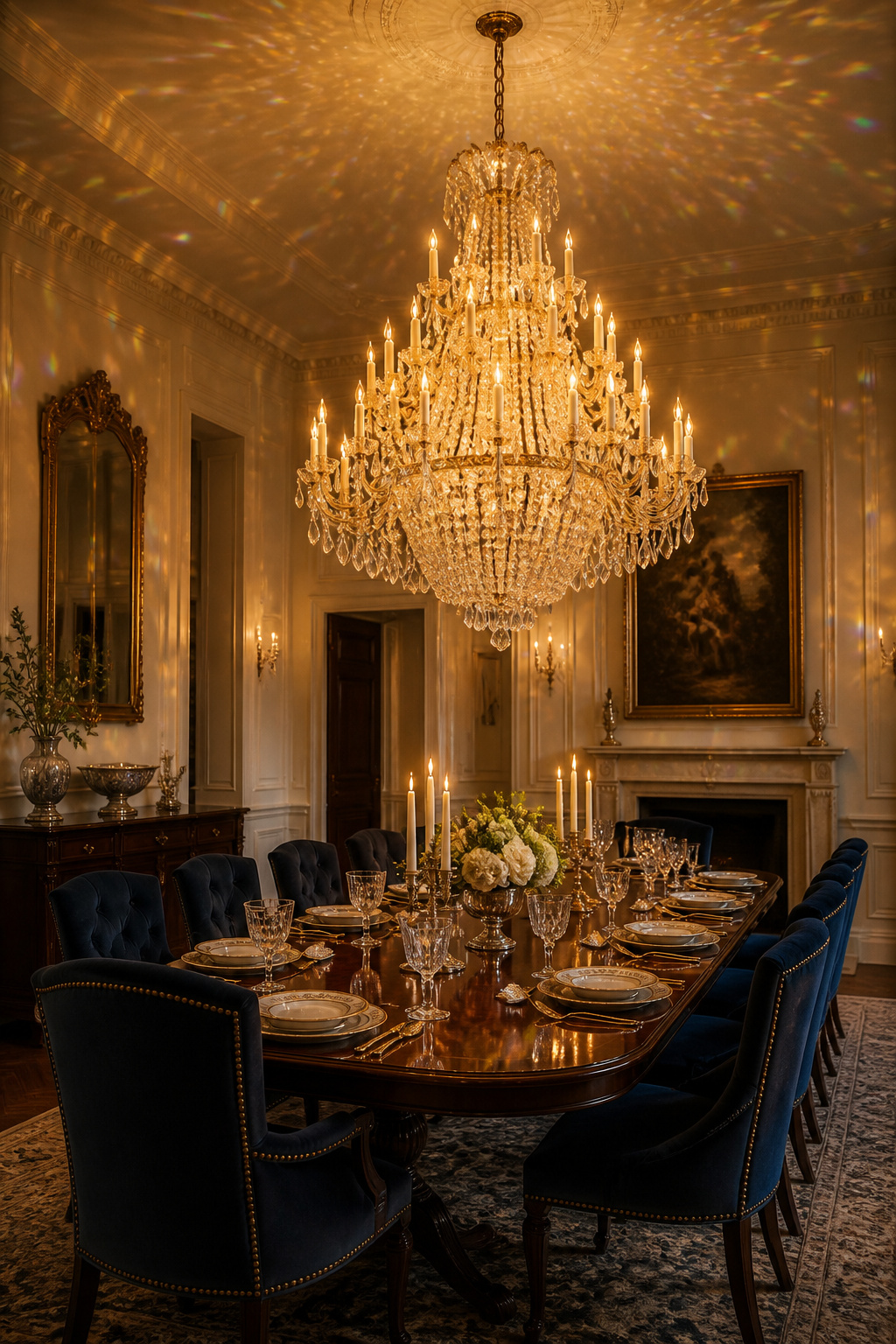 A multi-tier crystal chandelier refracts warm 2700K light into amber-gold prism patterns across a formal dining room — real crystal's high refractive index creates an effect that acrylic imitations simply cannot replicate.