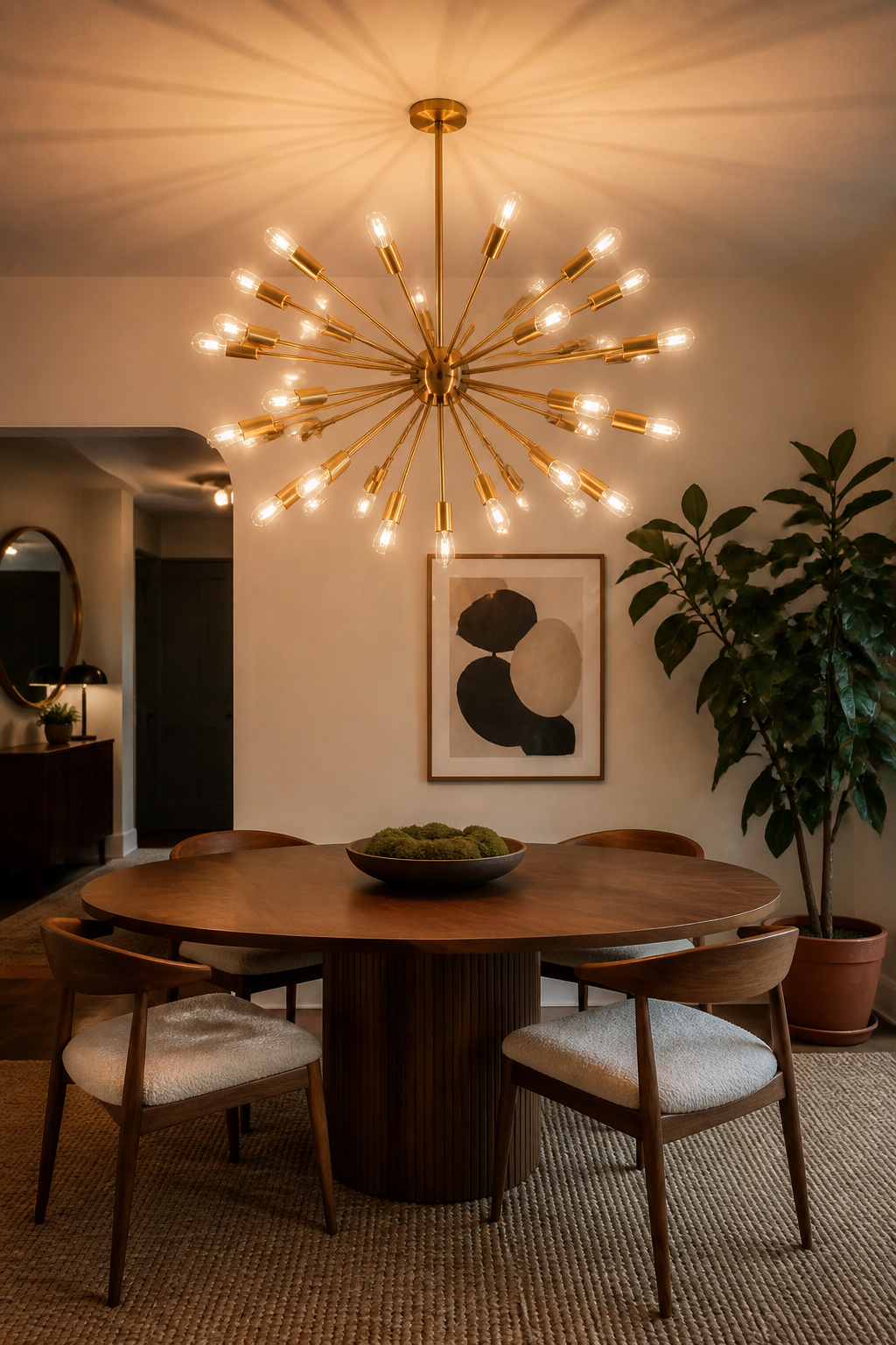 A 24-arm brass sputnik chandelier above an oval walnut dining table embodies mid-century optimism — the multi-point 2700K glow creates a radiating warmth that anchors the room with graphic confidence.