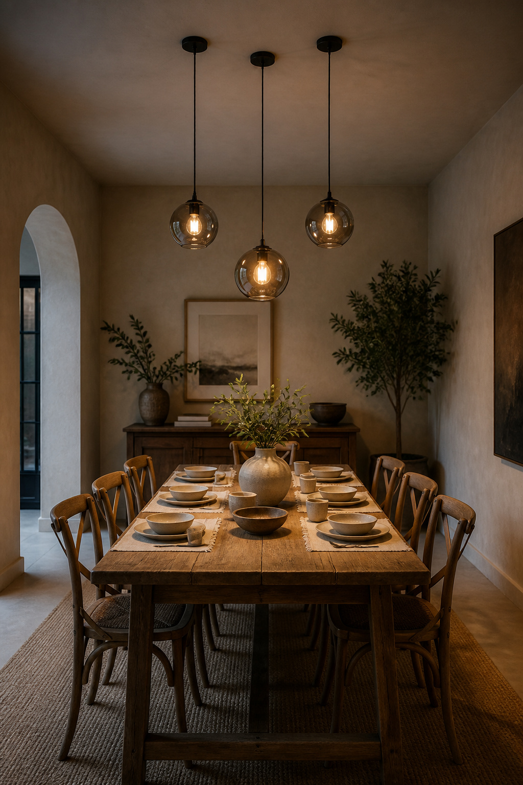 Three smoked-glass pendants clustered at staggered heights above a long reclaimed pine table distribute warm light evenly along the full length — a layered dining room lighting approach that eliminates the single bright-zone problem.