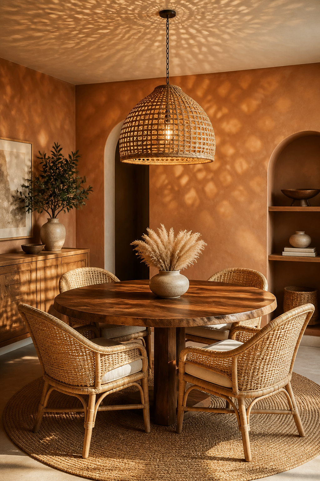 A handwoven natural rattan dome pendant casts beautiful dappled shadow patterns across limewash plaster walls — the biophilic light quality creates a dining room that feels genuinely restorative.