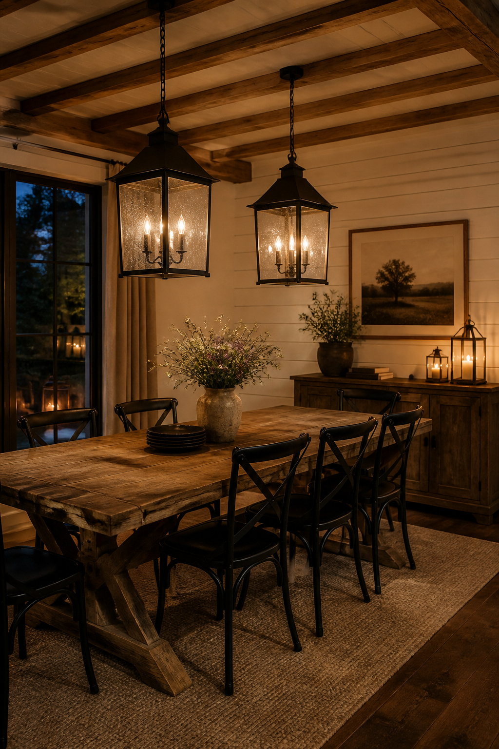 A pair of matte black iron lantern pendants with seeded glass panels warm a reclaimed pine farmhouse dining table — the seeded glass diffuses light beautifully and the black iron grounds the rustic dining room decor.