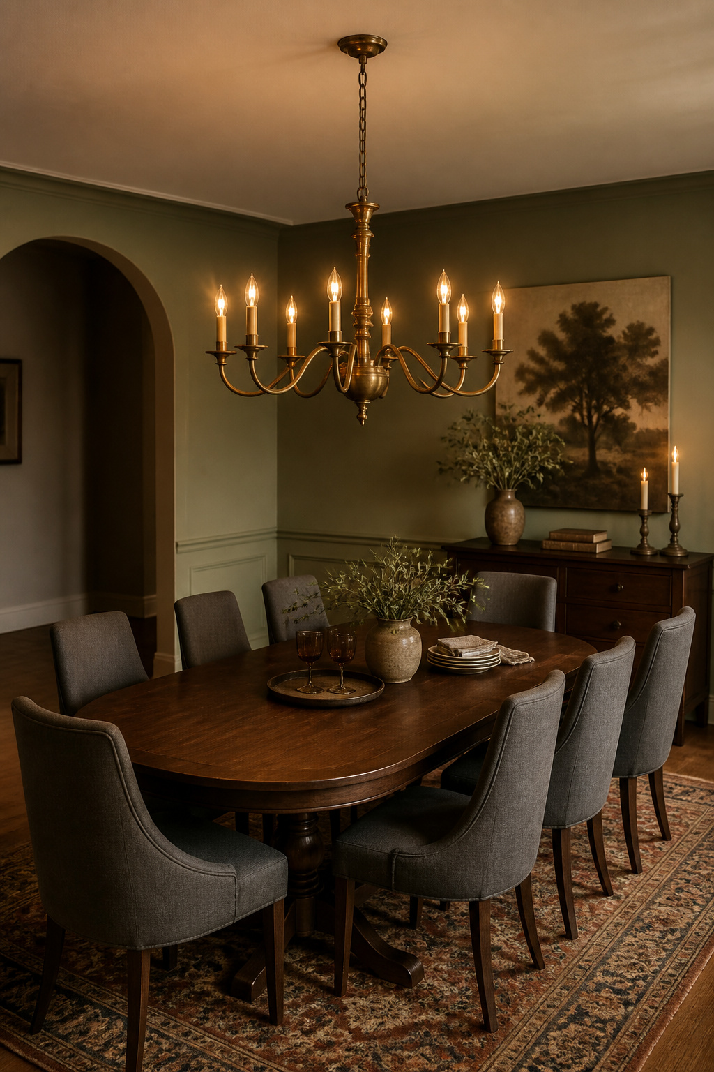 An aged-brass 8-arm chandelier anchors an oval walnut dining room with confident presence — scaled precisely at 30 inches diameter to follow the half-to-two-thirds table width rule for a perfectly proportioned result.