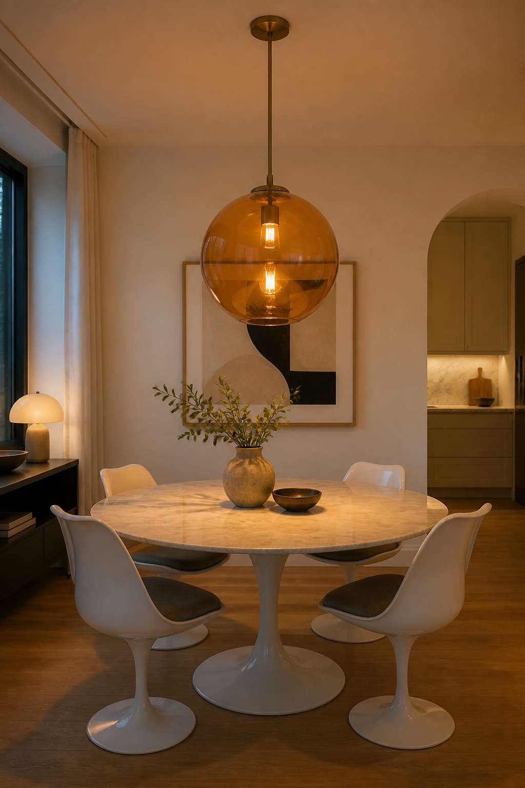 A single amber glass globe pendant above a white Carrara marble dining table creates a perfectly balanced modern dining room — the honey-warm diffused glow is the most flattering light for a dinner table.