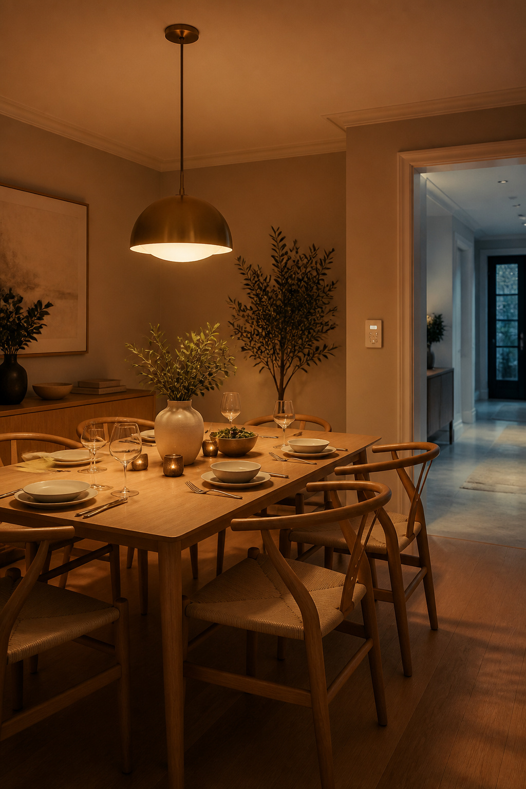 A smart tunable-white pendant glowing at 2700K for dinner — with a Lutron Pico scene button on the wall for single-tap control — shows how circadian-correct dining room lights can support the body's evening wind-down without sacrificing ambiance.